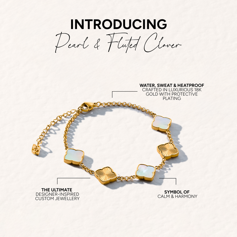 Pearl & Fluted Clover Bracelet (Gold)
