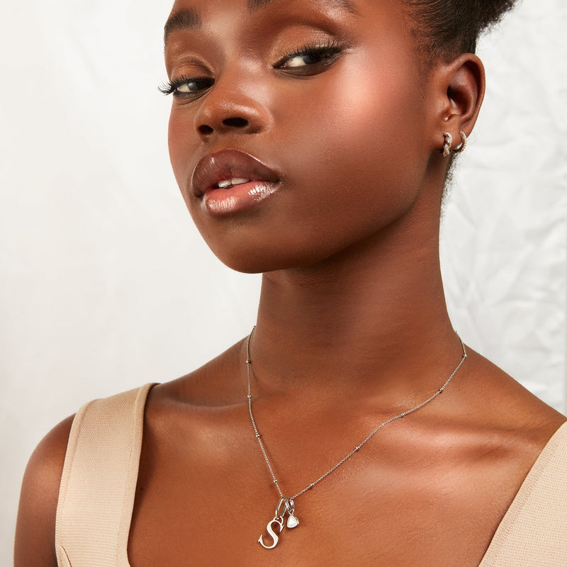 Personalised Initial & Droplet Birthstone Necklace (Silver)