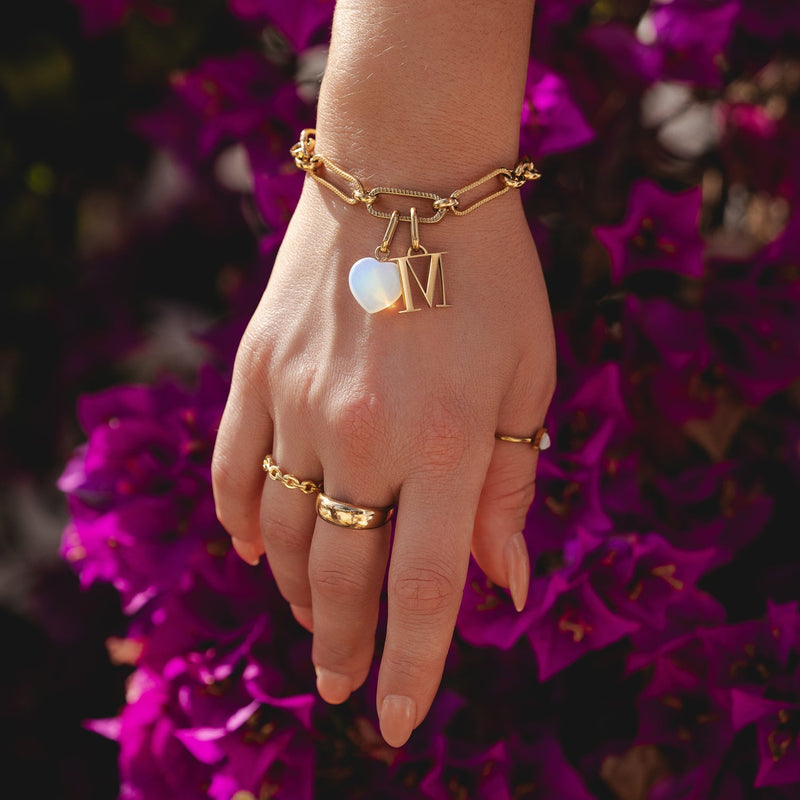 Letter & Birthstone Figaro Chain Bracelet (Gold)