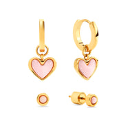 Pale Pink Opal Heart Huggie Earrings Set (Gold)