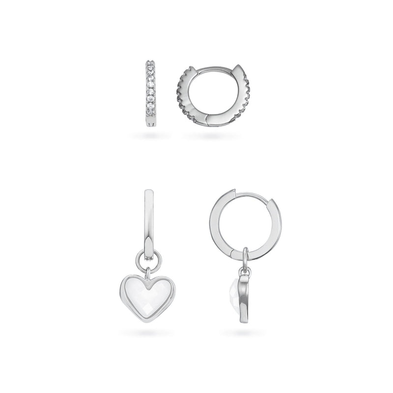 White Quartz Heart Huggie Earrings Set (Silver)