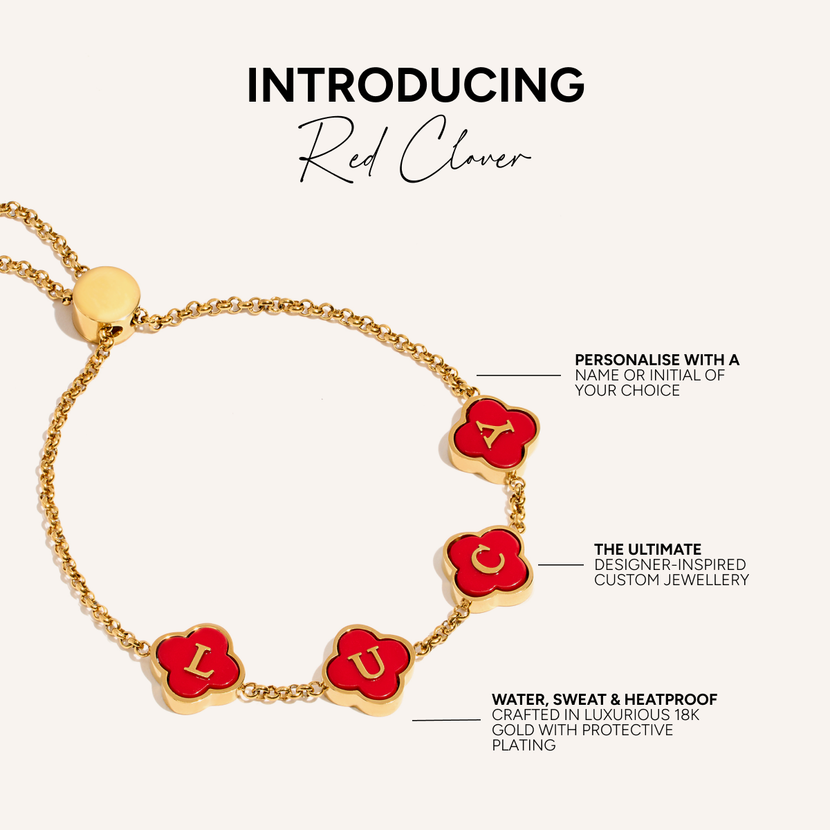 Red Custom Clover Name Bracelet (Gold)