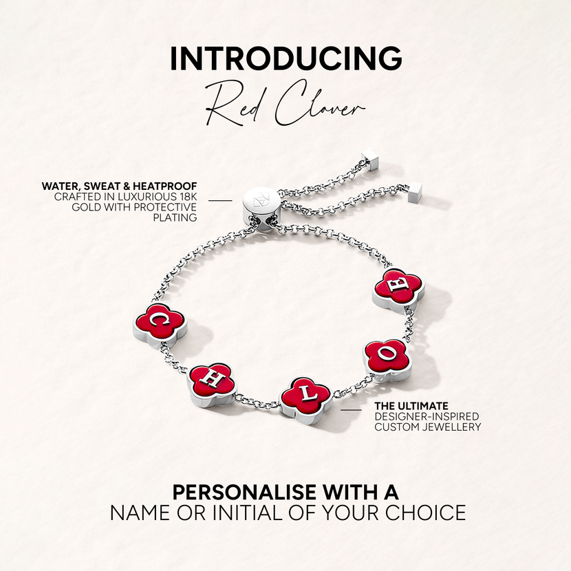 Red Custom Clover Name Bracelet (Silver)