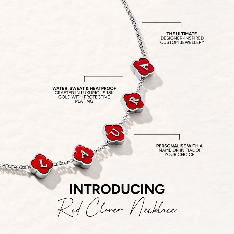 Red Custom Clover Name Necklace (Silver)