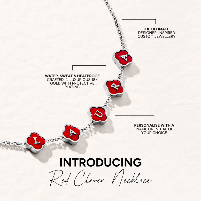 Red Custom Clover Name Necklace (Silver)
