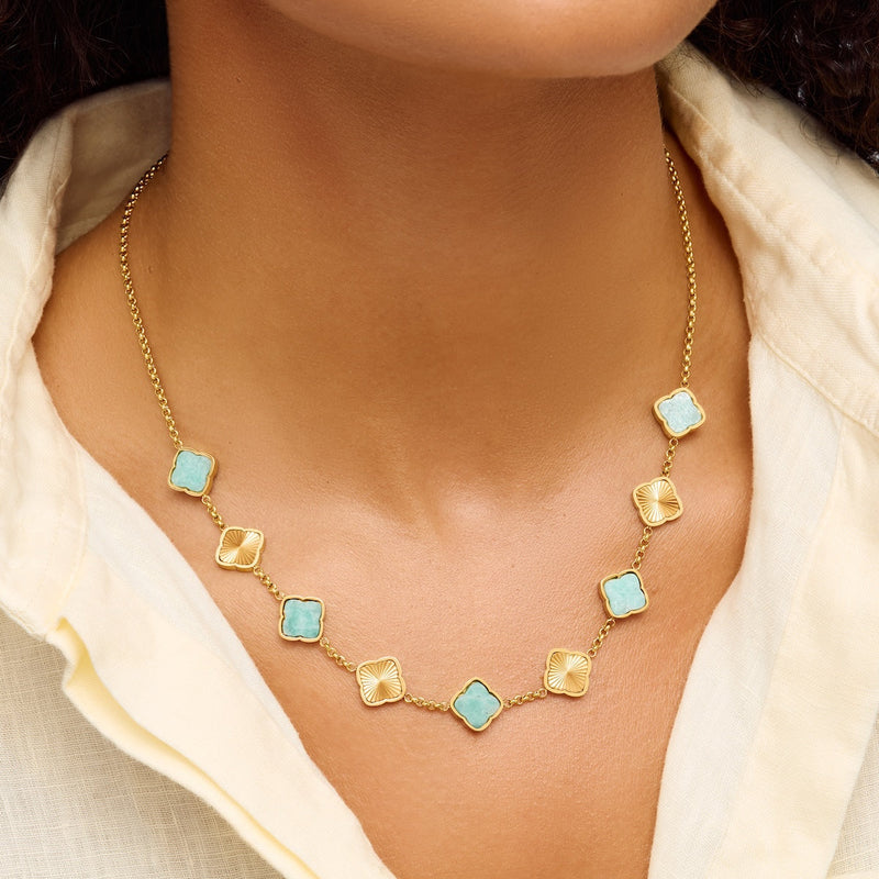 Amazonite & Fluted Clover Necklace (Gold)