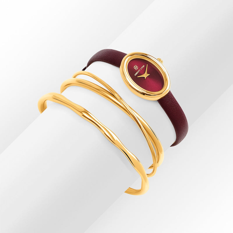 Monroe Leather Watch & Bangle Set (Burgundy/Gold)