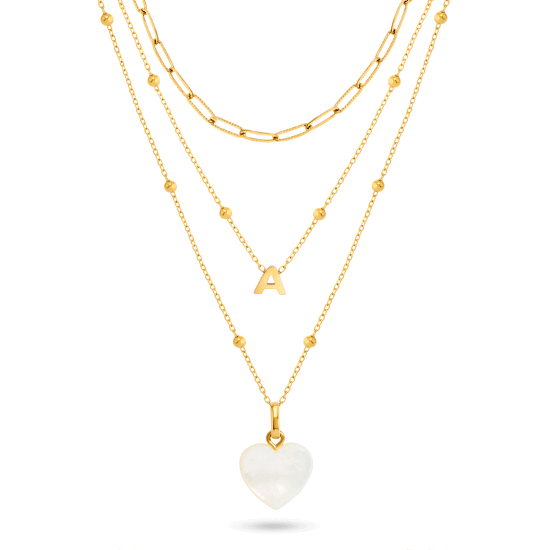 Mini Letter & Heart Birthstone Layered Necklace Set (Gold)