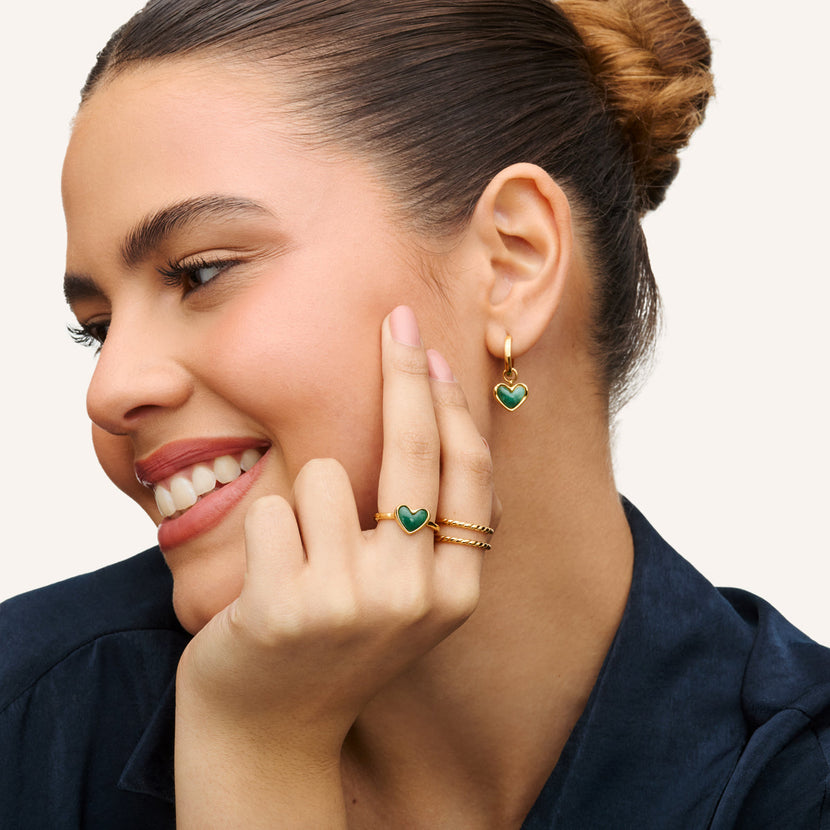 Green Quartz Heart Ring & Huggie Earrings Bundle (Gold)