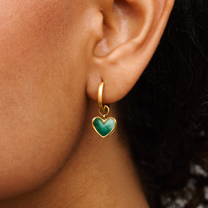 Green Quartz Heart Huggie Earrings (Gold)