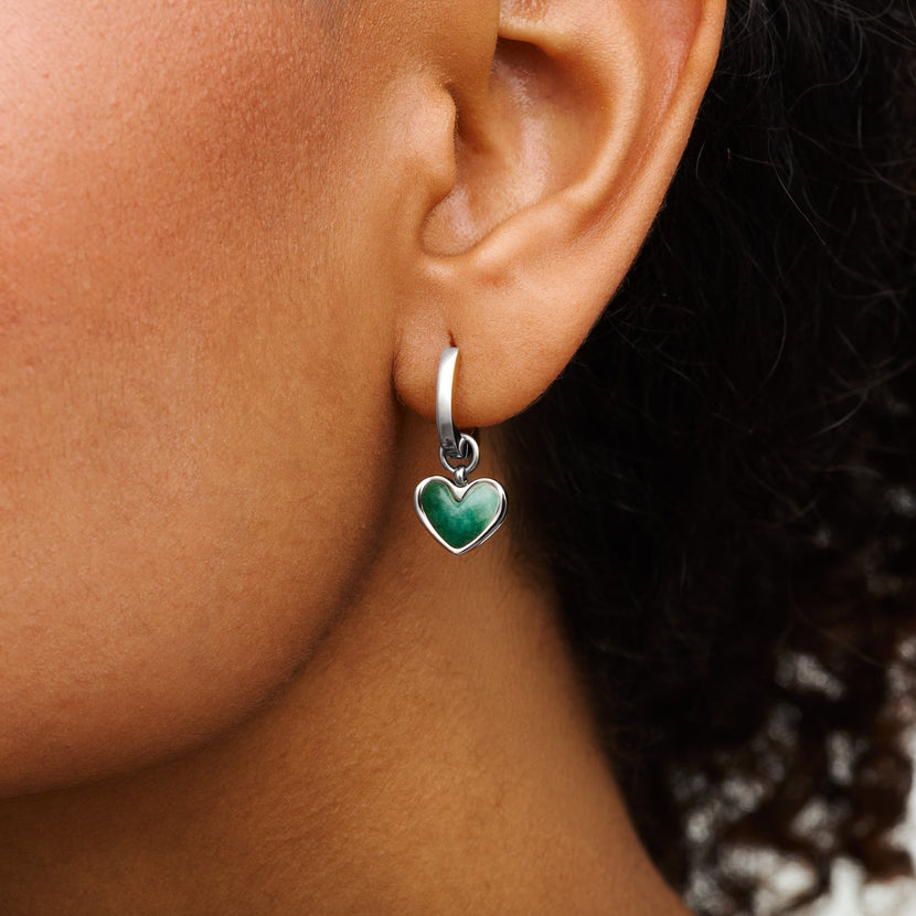 Green Quartz Heart Huggie Earrings (Silver)