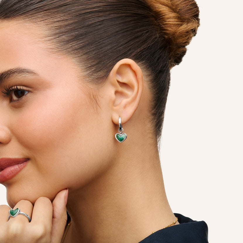 Green Quartz Heart Huggie Earrings (Silver)