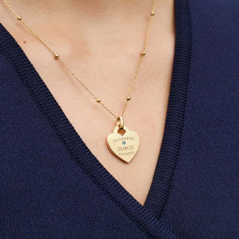 Blue Crystal Heart Token Necklace (Gold)