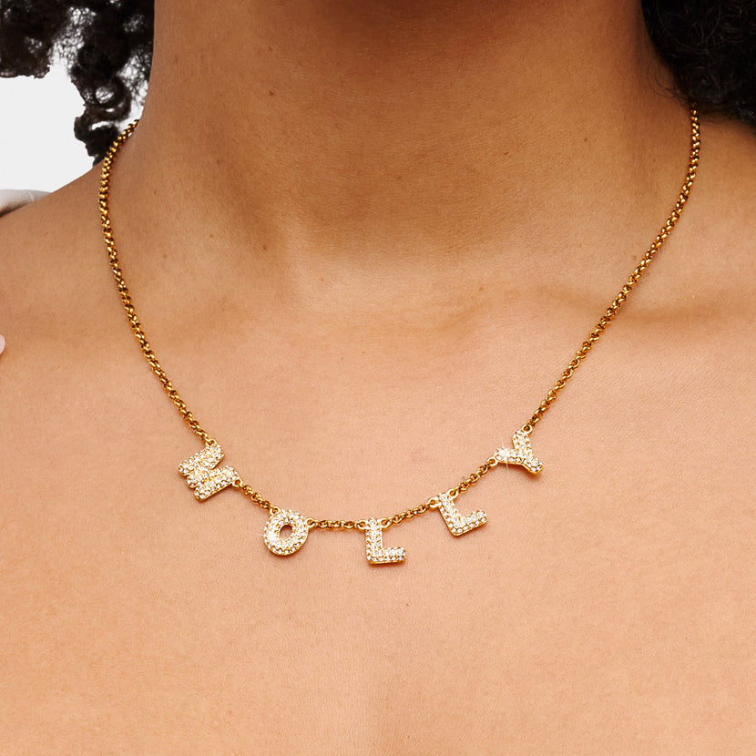 Spotlight Pavé Bubble Name Necklace (Gold)