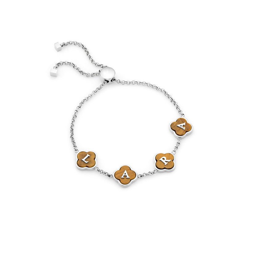 Tigers Eye Clover Custom Name Bracelet (Silver)