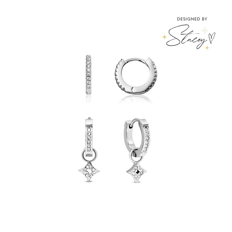 Moon and Back Star Huggie Earring Bundle (Silver)