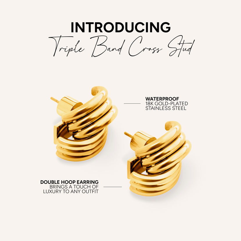 Triple Band Cross Studs (Gold)