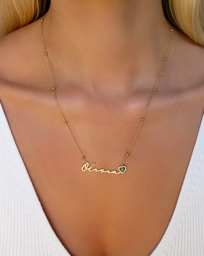 Birthstone Signature Name Necklace (Gold)