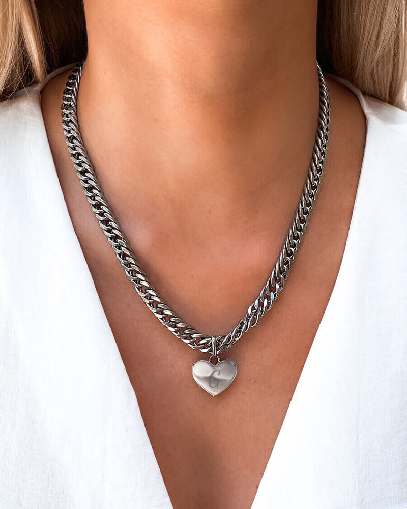 Heart Curb Chain Necklace (Silver)