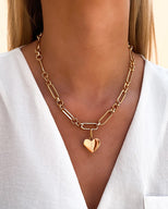 Heart Figaro Chain Necklace & Bracelet Set (Gold)