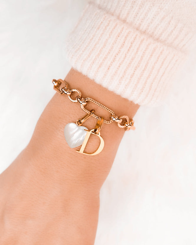 Letter & Birthstone Figaro Chain Bracelet (Rose Gold)
