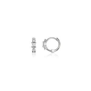 Sterling Silver Triple Crystal Huggie Hoop Earrings (Silver)